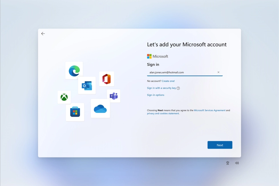 Key in the username for your Microsoft account and click Next.