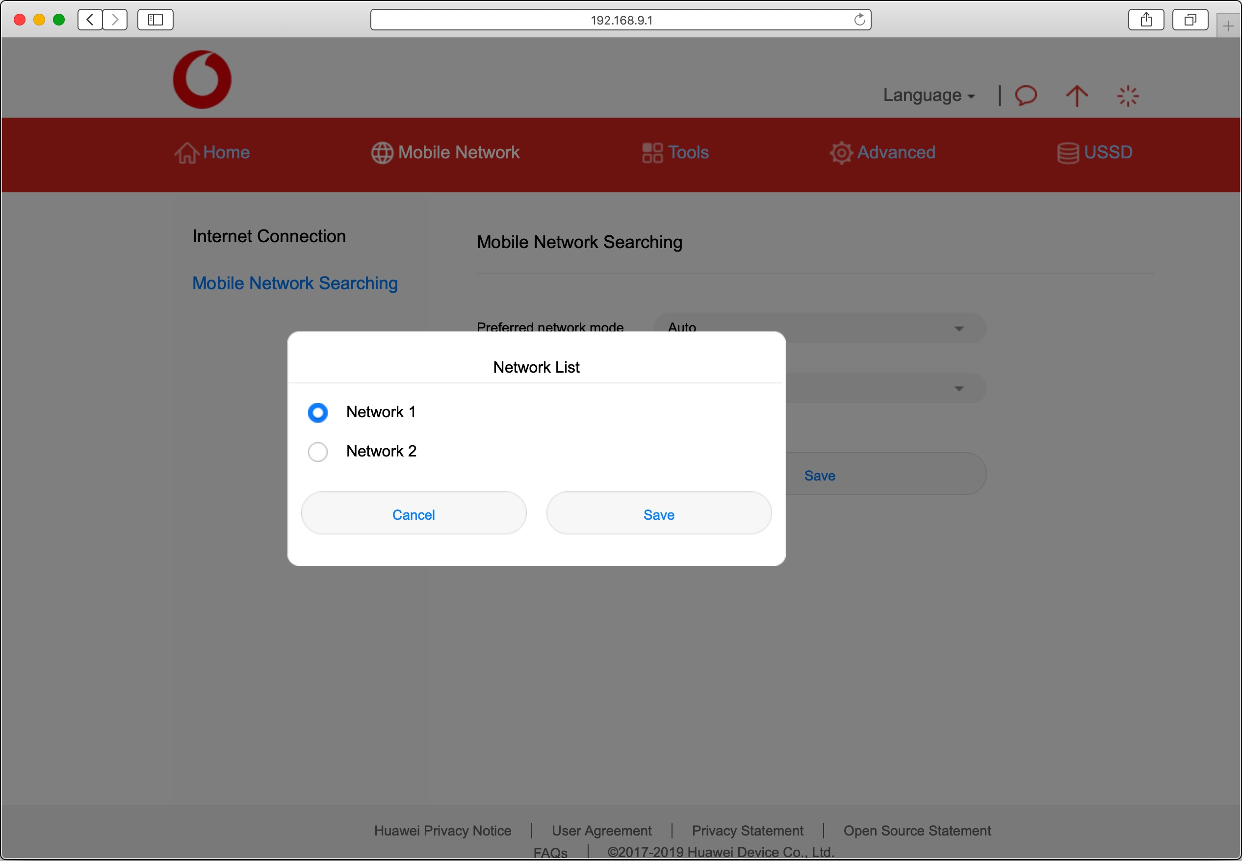 Click the field next to the required network.