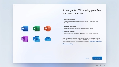 Follow the instructions on the screen to subscribe to Microsoft Office or click Decline to finish setting up your laptop.