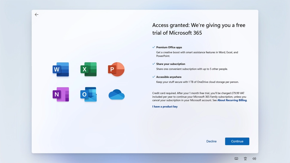 Follow the instructions on the screen to subscribe to Microsoft Office or click Decline to finish setting up your laptop.