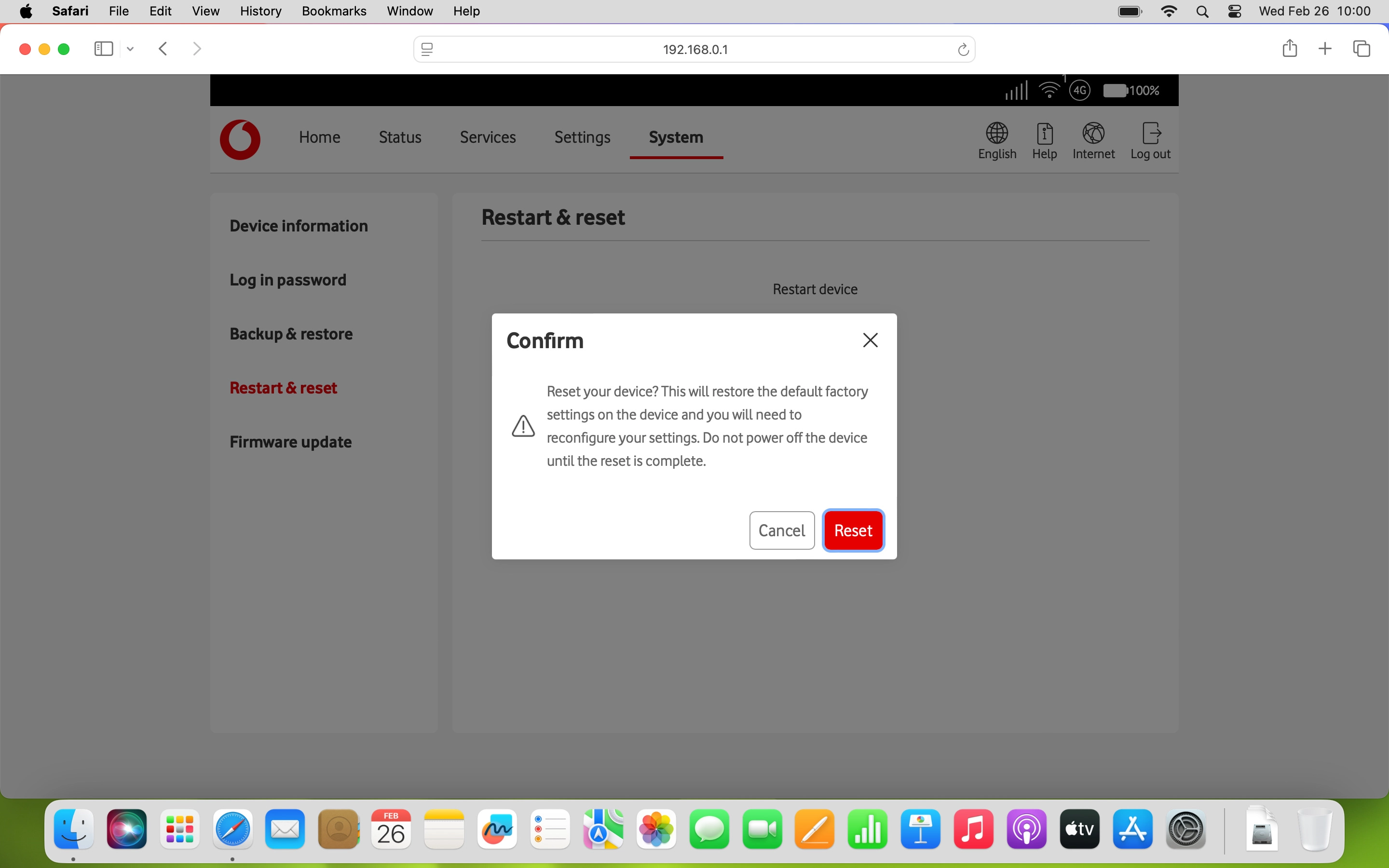 Click Reset and wait while your router restores the factory default settings.