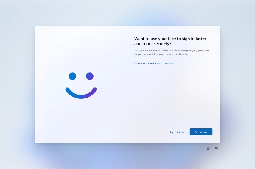 Follow the instructions on the screen to turn on face recognition for unlocking your laptop or click Skip for now.