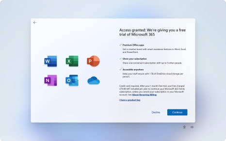 Follow the instructions on the screen to subscribe to Microsoft Office or click Decline to finish setting up your laptop.