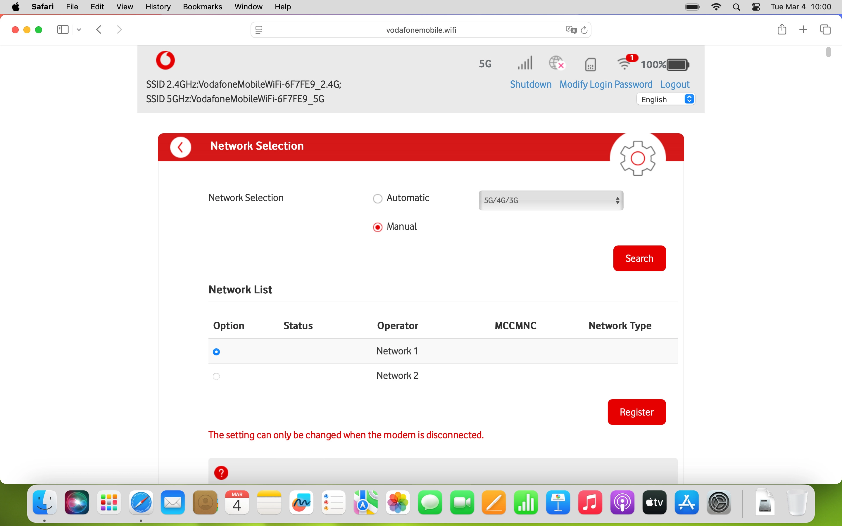 Click the field next to the required network.