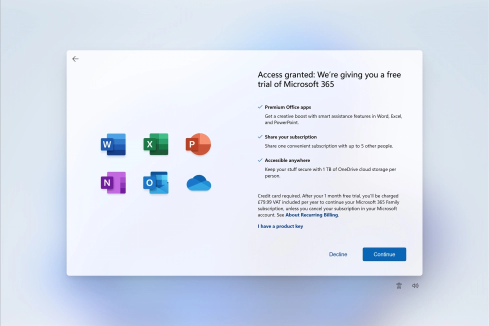 Follow the instructions on the screen to subscribe to Microsoft Office or click Decline to finish setting up your laptop.