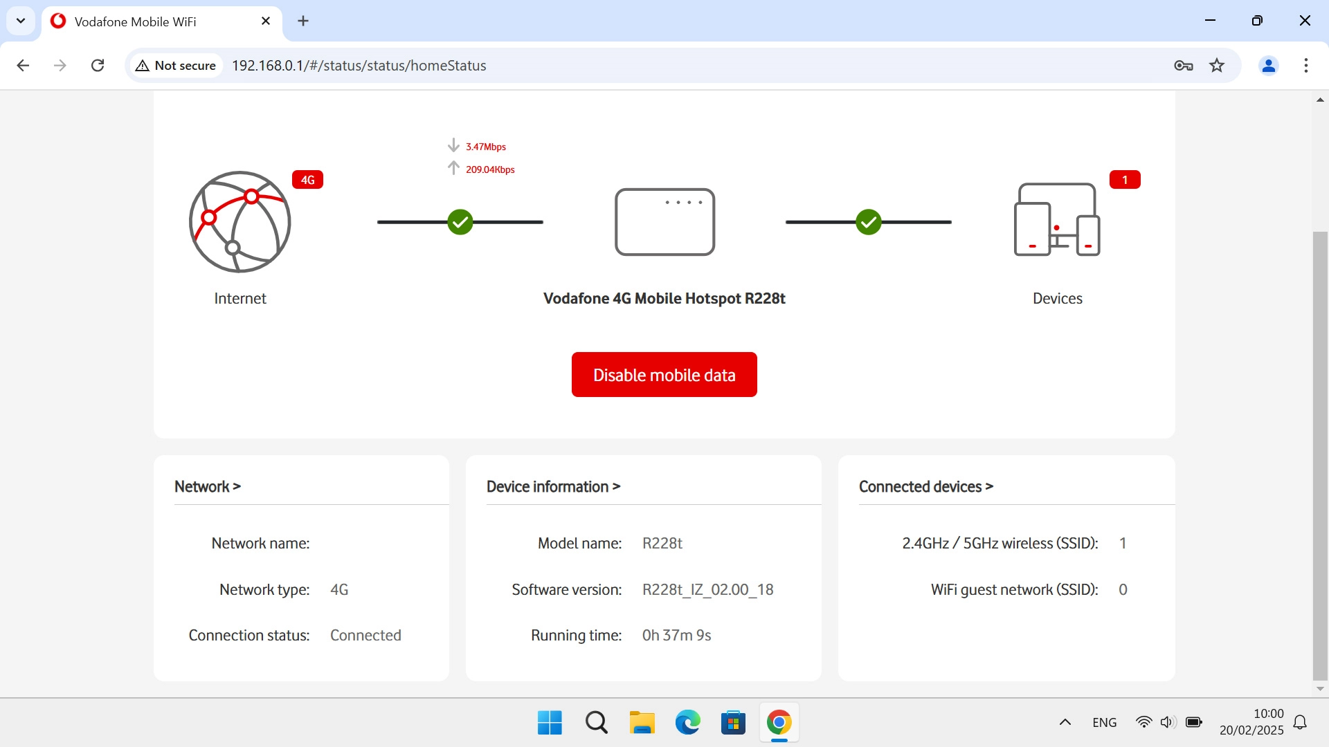 The internet connection information is displayed.