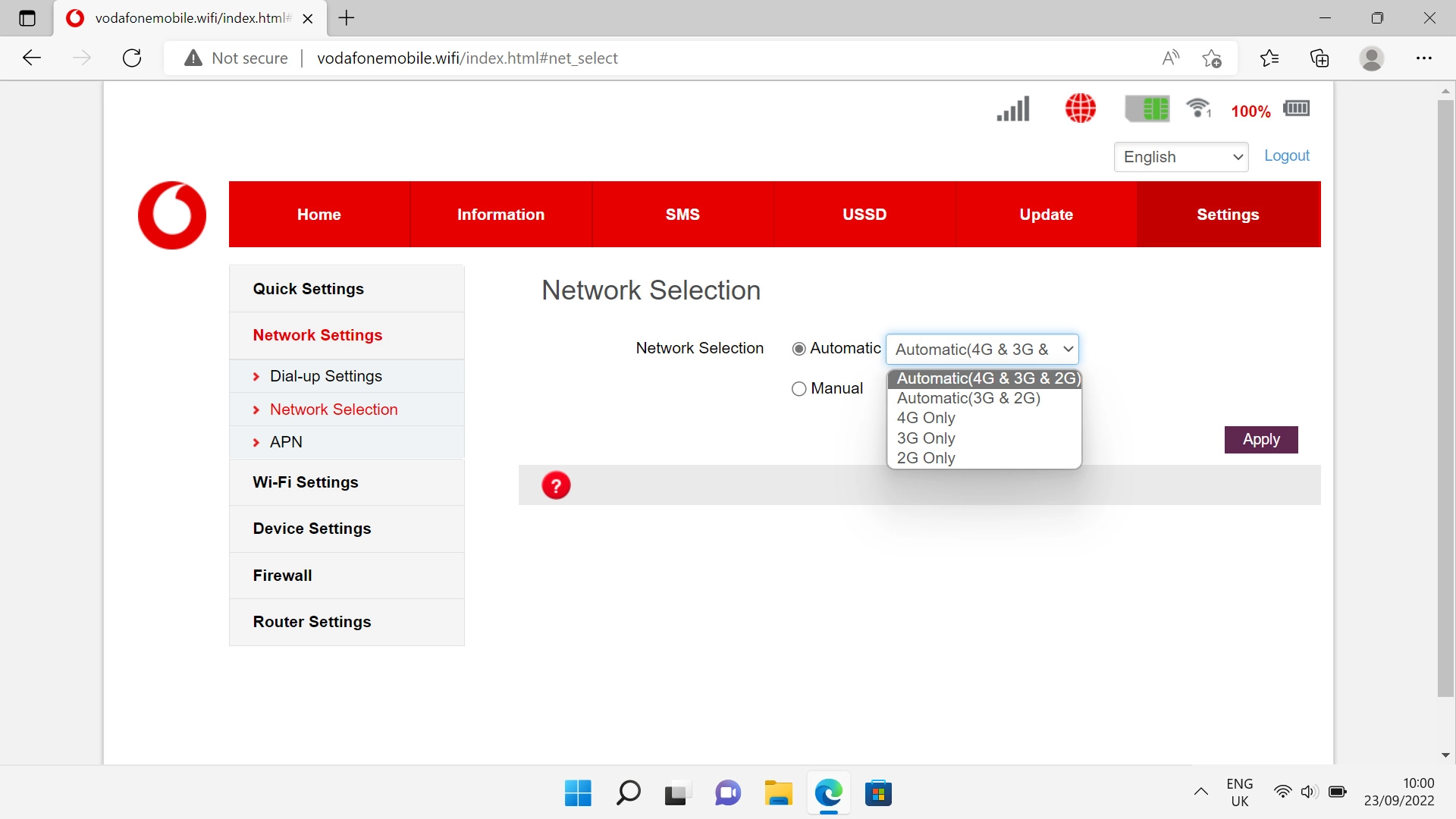 Click the required network mode.