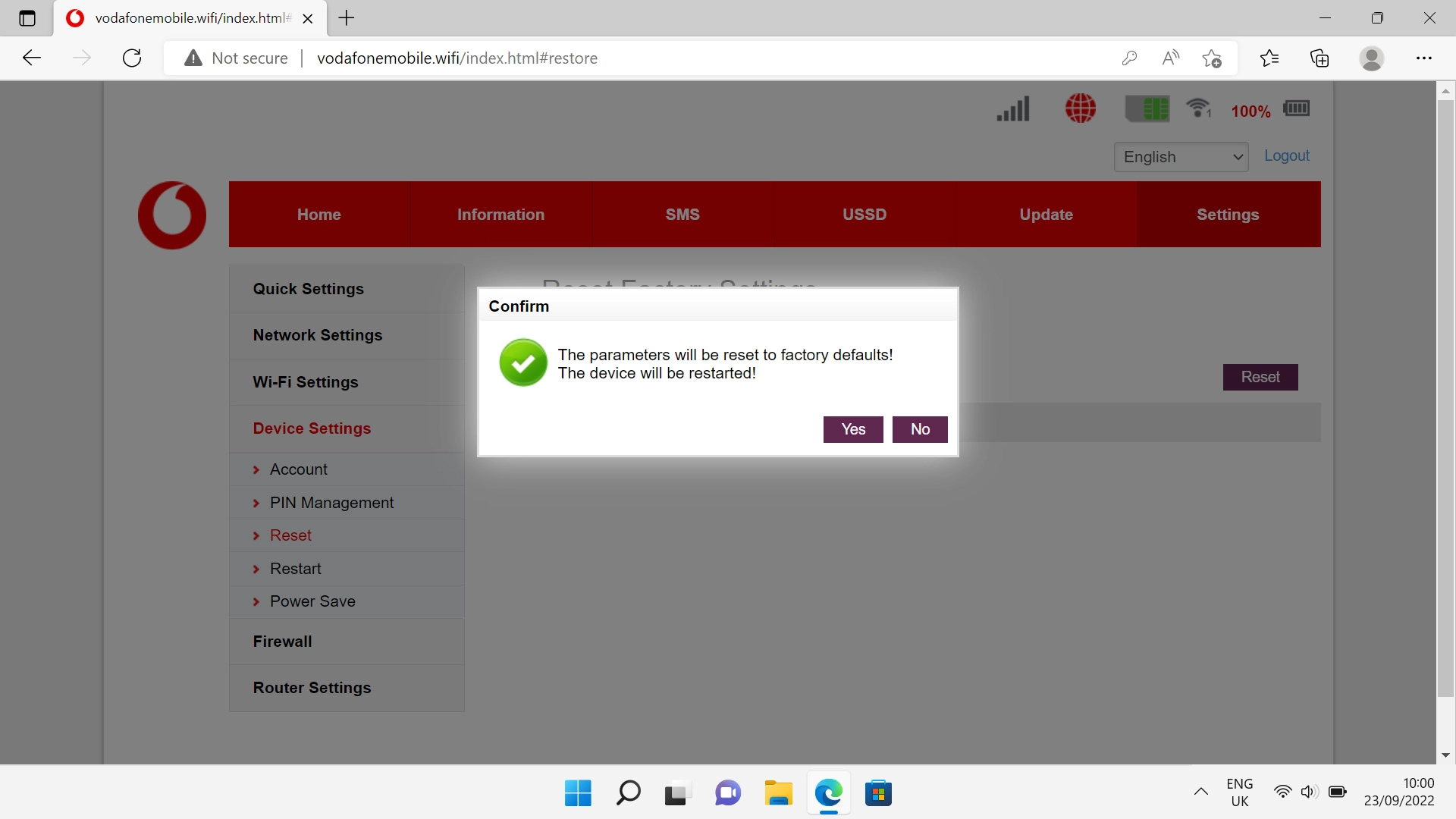 Click Yes and wait while your router restores the factory default settings.