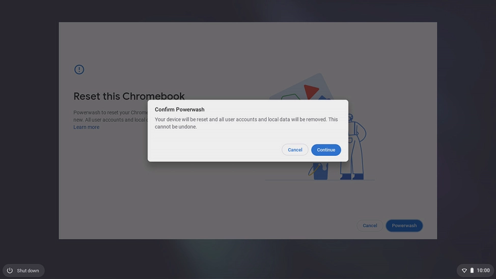 Click Continue. Wait a moment while the factory default settings are restored. Follow the instructions on the screen to set up your laptop and prepare it for use.