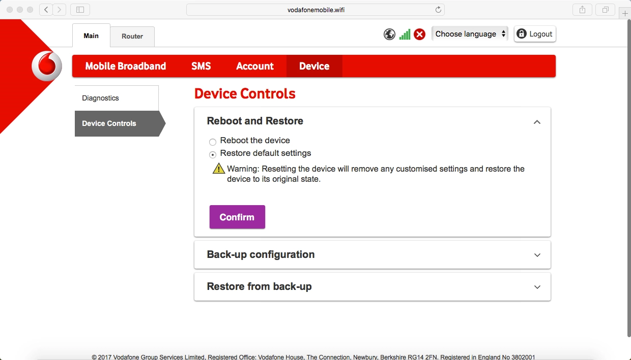 Click Confirm and wait while your router restores the factory default settings.