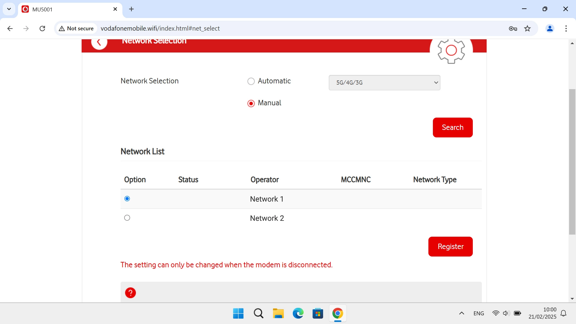 Click the field next to the required network.