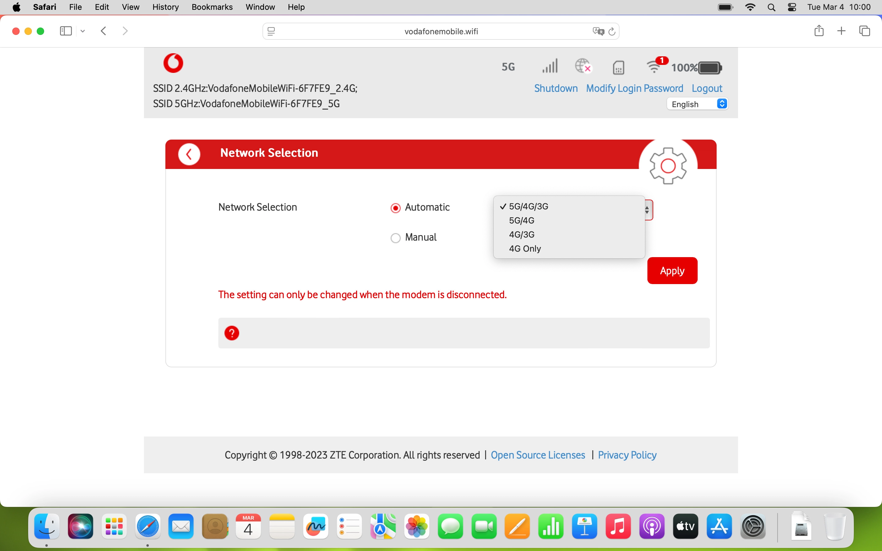 Click the required network mode.