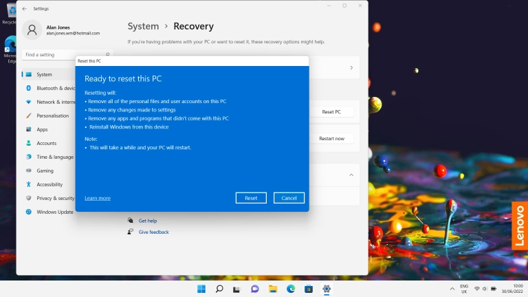 Click Reset. Wait while the factory default settings are restored. Follow the instructions on the screen to set up your laptop and prepare it for use.