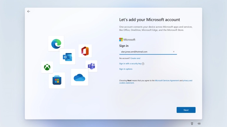 Key in the username for your Microsoft account and click Next.