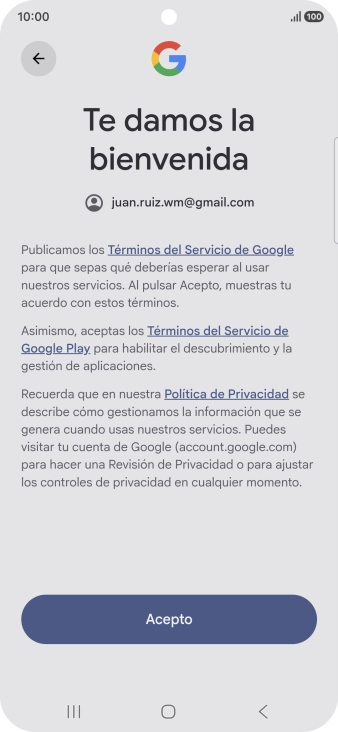 Pulsa Acepto y sigue las indicaciones de la pantalla para seleccionar los ajustes de tu cuenta de Google.