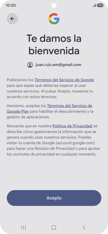 Pulsa Acepto y sigue las indicaciones de la pantalla para seleccionar los ajustes de tu cuenta de Google.