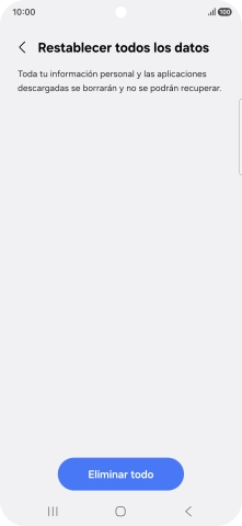 Pulsa Eliminar todo. Espera unos instantes mientras el teléfono restablece la configuración predeterminada. Sigue las indicaciones de la pantalla para configurar el teléfono y dejarlo listo para su uso.