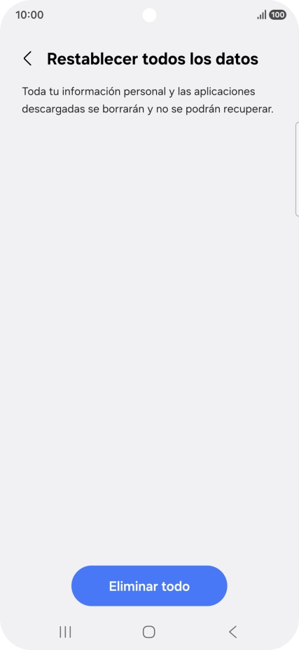 Pulsa Eliminar todo. Espera unos instantes mientras el teléfono restablece la configuración predeterminada. Sigue las indicaciones de la pantalla para configurar el teléfono y dejarlo listo para su uso.