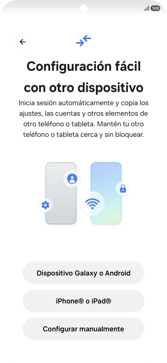 Pulsa la opción deseada para transferir contenido desde otro dispositivo y pulsa Configurar manualmente.