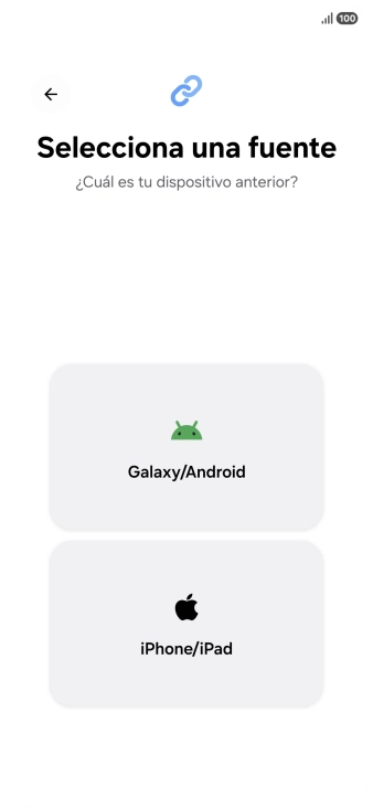 Pulsa el ajuste deseado y sigue las instrucciones de la pantalla para transferir el contenido del otro teléfono.