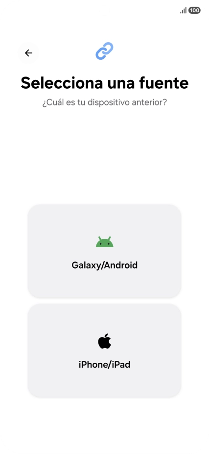Pulsa el ajuste deseado y sigue las instrucciones de la pantalla para transferir el contenido del otro teléfono.