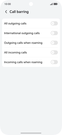 Press the indicator next to the required barring type to turn the function on or off.