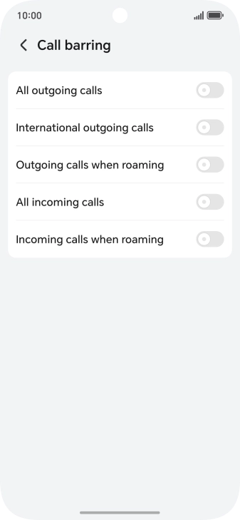 Press the indicator next to the required barring type to turn the function on or off.
