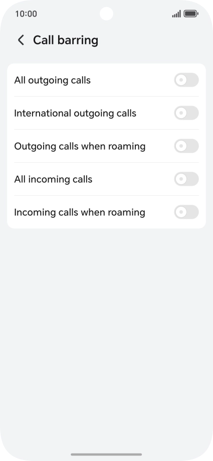 Press the indicator next to the required barring type to turn the function on or off.