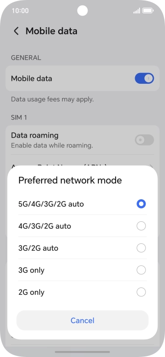 Press the required network mode.