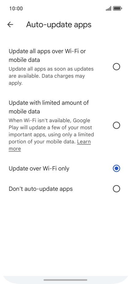 To turn on automatic update of apps using mobile network, press Update all apps over Wi-Fi or mobile data.