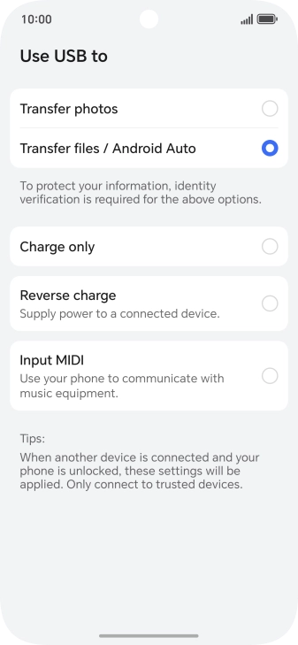Press Transfer files / Android Auto.