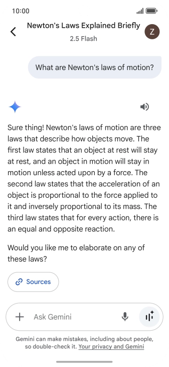 Transcription of the conversation with Gemini Live is now displayed.