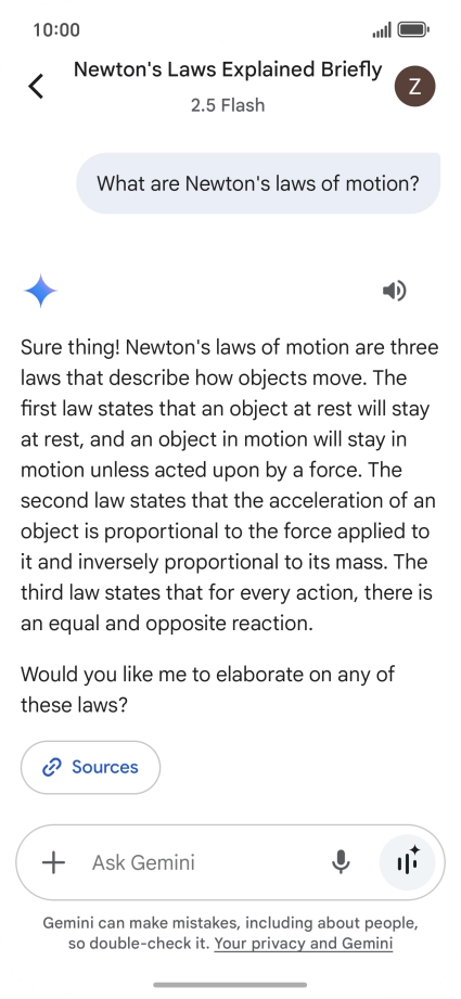 Transcription of the conversation with Gemini Live is now displayed.