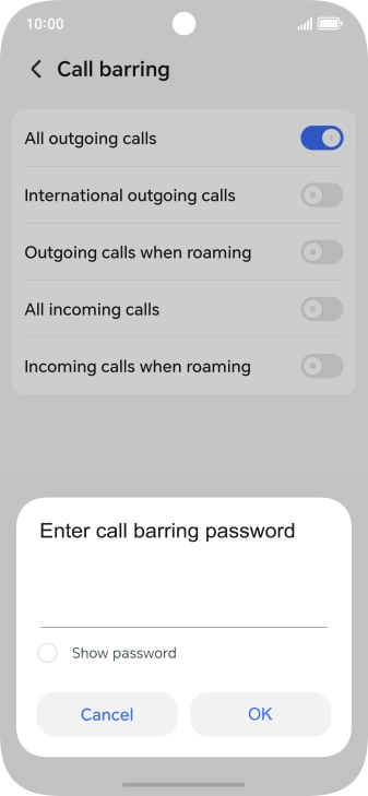 Key in your barring password and press OK. The default barring password is 1919.