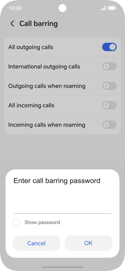 Key in your barring password and press OK. The default barring password is 1919.