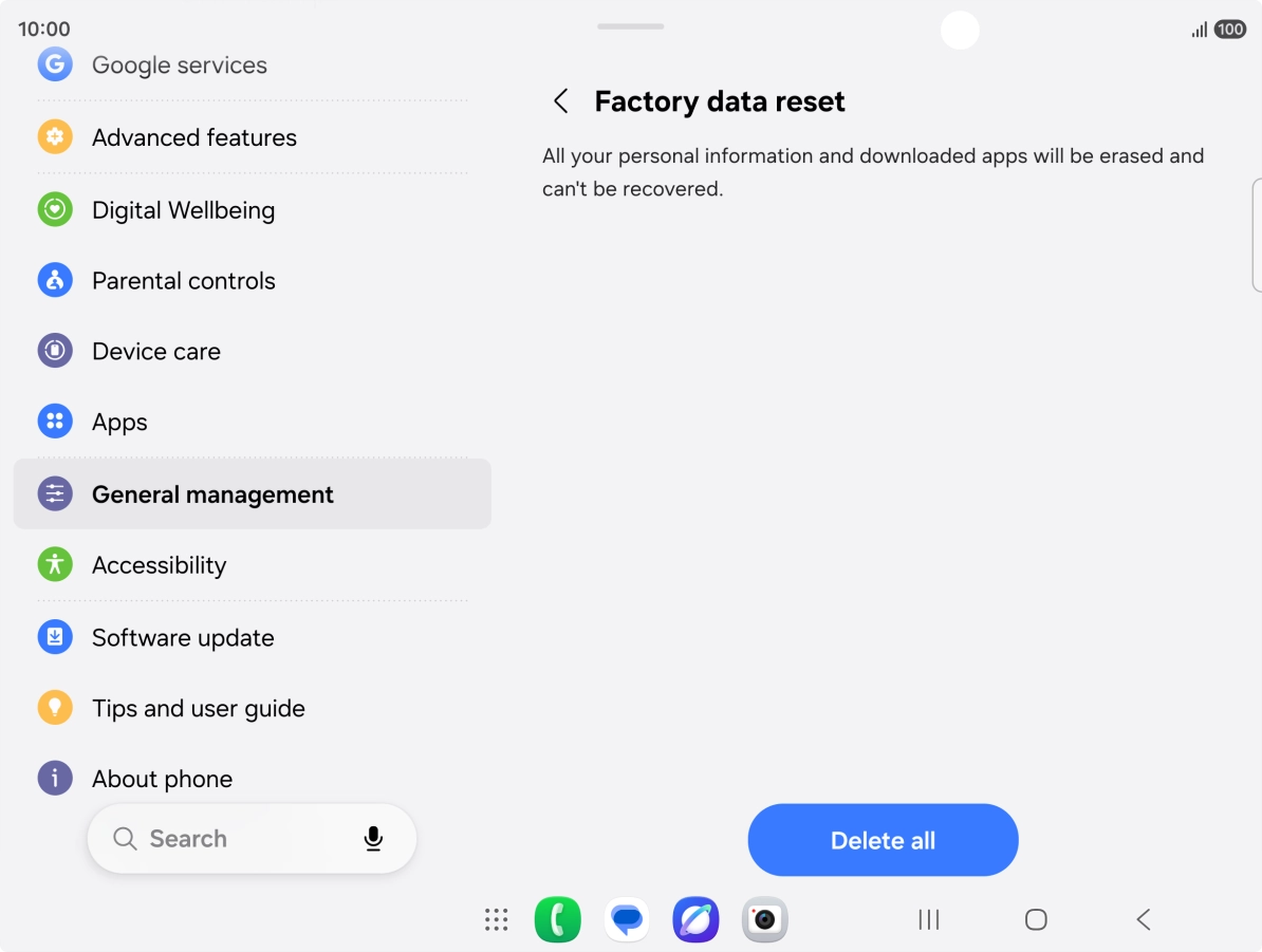 Press Delete all. Wait a moment while the factory default settings are restored. Follow the instructions on the screen to set up your phone and prepare it for use.