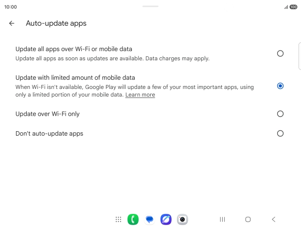 To turn on automatic update of apps using mobile network, press Update all apps over Wi-Fi or mobile data.