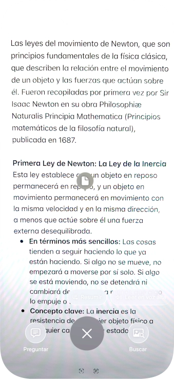 Para utilizar la inteligencia visual en un texto, fotografía el texto, pulsa el ajuste deseado y sigue las indicaciones de la pantalla para utilizar la función.