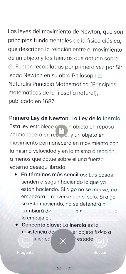 Para utilizar la inteligencia visual en un texto, fotografía el texto, pulsa el ajuste deseado y sigue las indicaciones de la pantalla para utilizar la función.