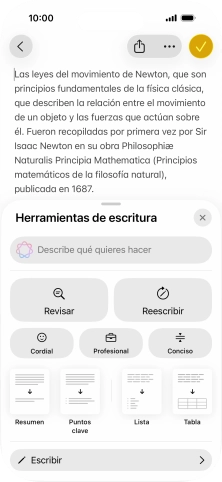Pulsa Describe qué quieres hacer y escribe con tus propias palabras cómo quieres que se reescriba el texto. Sigue las indicaciones de la pantalla para utilizar la función.