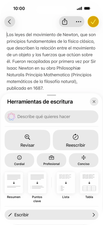 Pulsa Describe qué quieres hacer y escribe con tus propias palabras cómo quieres que se reescriba el texto. Sigue las indicaciones de la pantalla para utilizar la función.