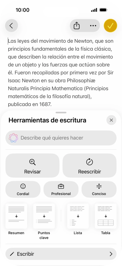 Pulsa Describe qué quieres hacer y escribe con tus propias palabras cómo quieres que se reescriba el texto. Sigue las indicaciones de la pantalla para utilizar la función.