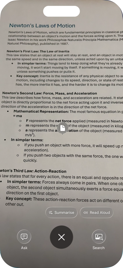To use visual intelligence on a text, take a picture of the text, press the required setting and follow the instructions on the screen to use the function.
