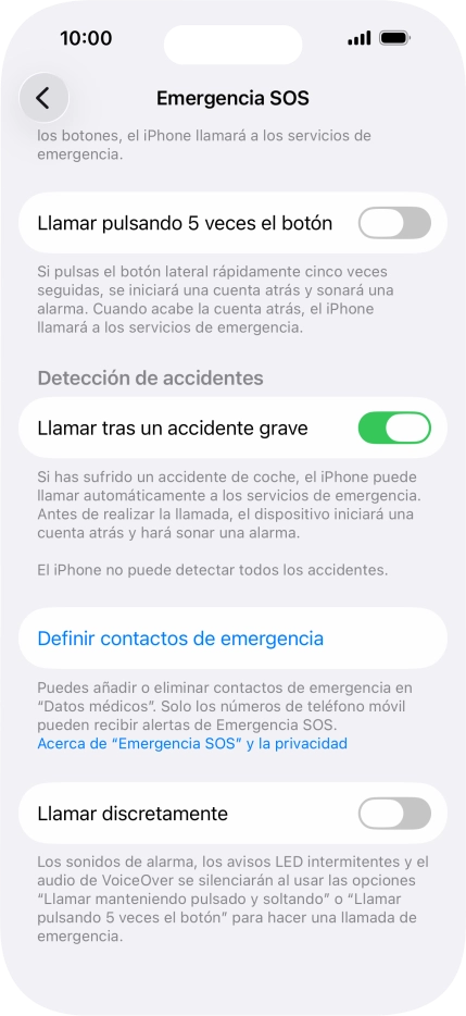 Pulsa Definir contactos de emergencia y sigue las indicaciones de la pantalla para insertar la información y tus contactos de emergencia.