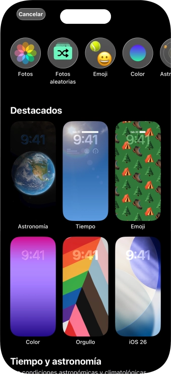 Pulsa una categoría y sigue las indicaciones de la pantalla para seleccionar la imagen de fondo deseada.