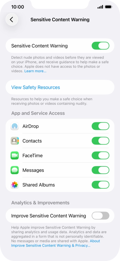 Press the indicators next to the required applications to turn the function on or off.
