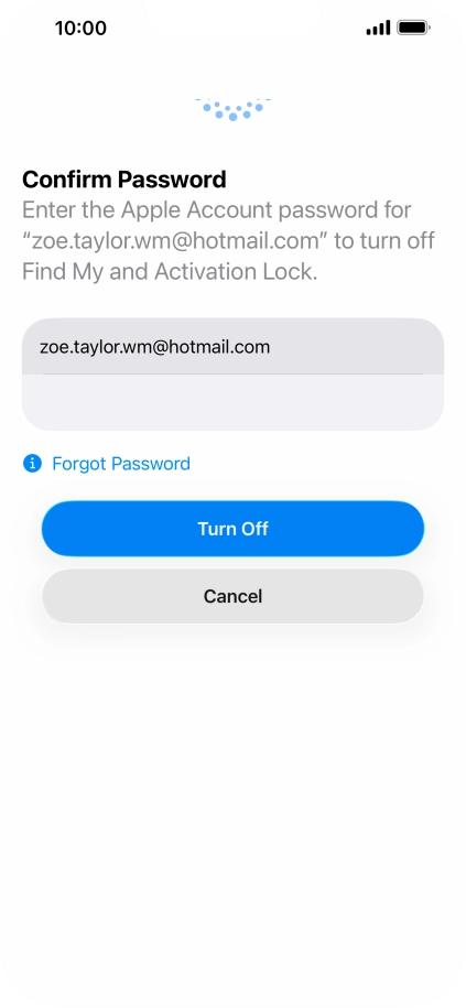 Key in the password for your Apple Account and press Turn Off. Wait a moment while the factory default settings are restored. Follow the instructions on the screen to set up your phone and prepare it for use.