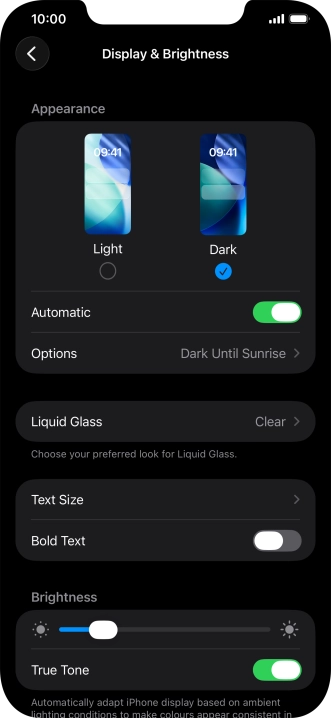 If you turn on the function, press Options and follow the instructions on the screen to select the required period of time for Dark Mode. If you turn on the function, press Options and follow the instructions on the screen to select the required period of time for Dark Mode.
