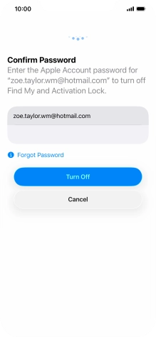 Key in the password for your Apple Account and press Turn Off. Wait a moment while the factory default settings are restored. Follow the instructions on the screen to set up your phone and prepare it for use.