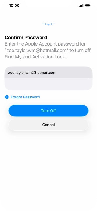 Key in the password for your Apple Account and press Turn Off. Wait a moment while the factory default settings are restored. Follow the instructions on the screen to set up your phone and prepare it for use.